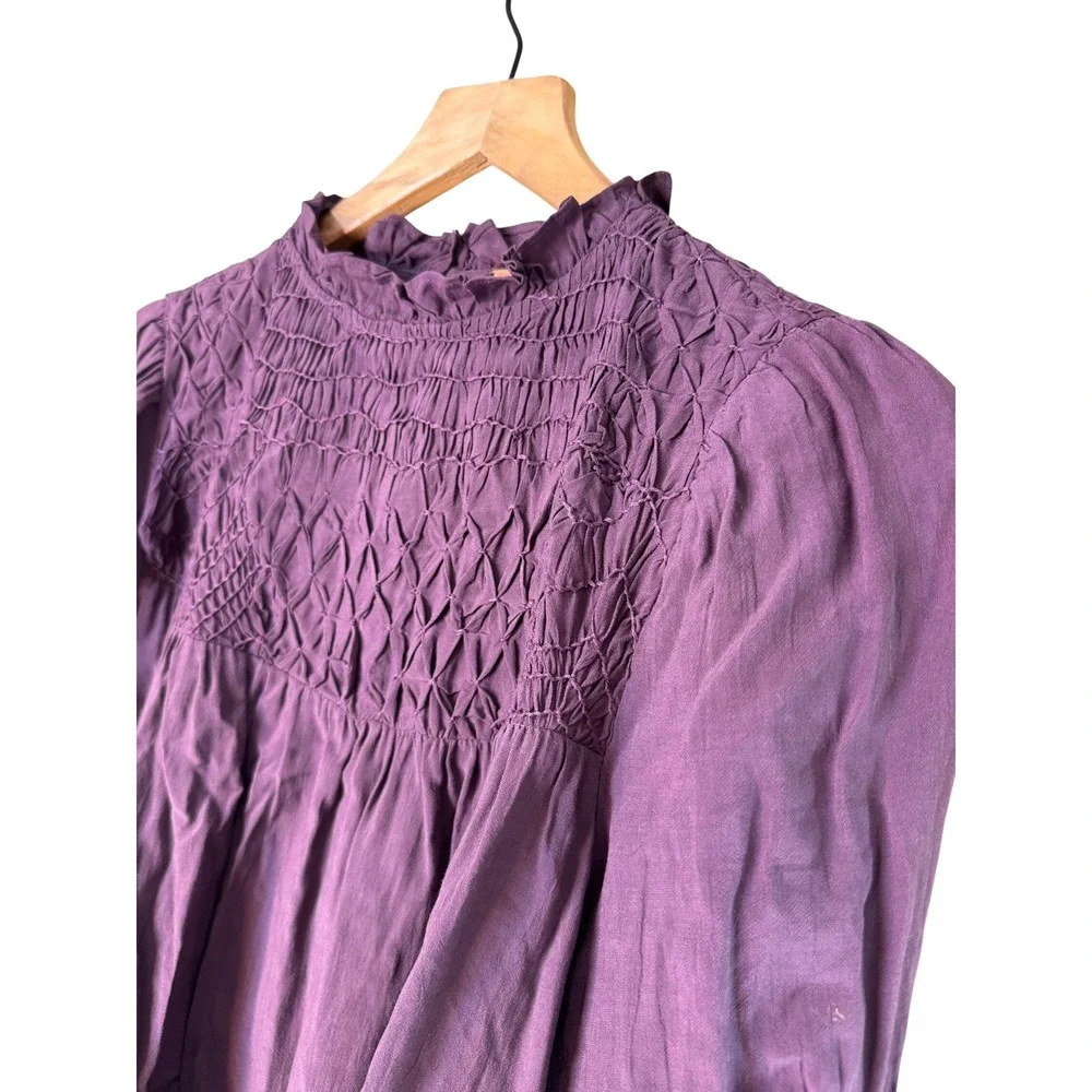 Free People Smocked Long Sleeve Blouse Purple Ruffle Neck OB1826832 Womens Small